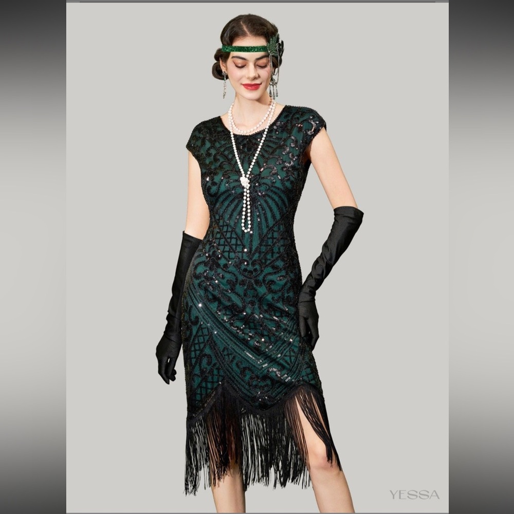 Dark Green Beaded Fringe Midi Dress